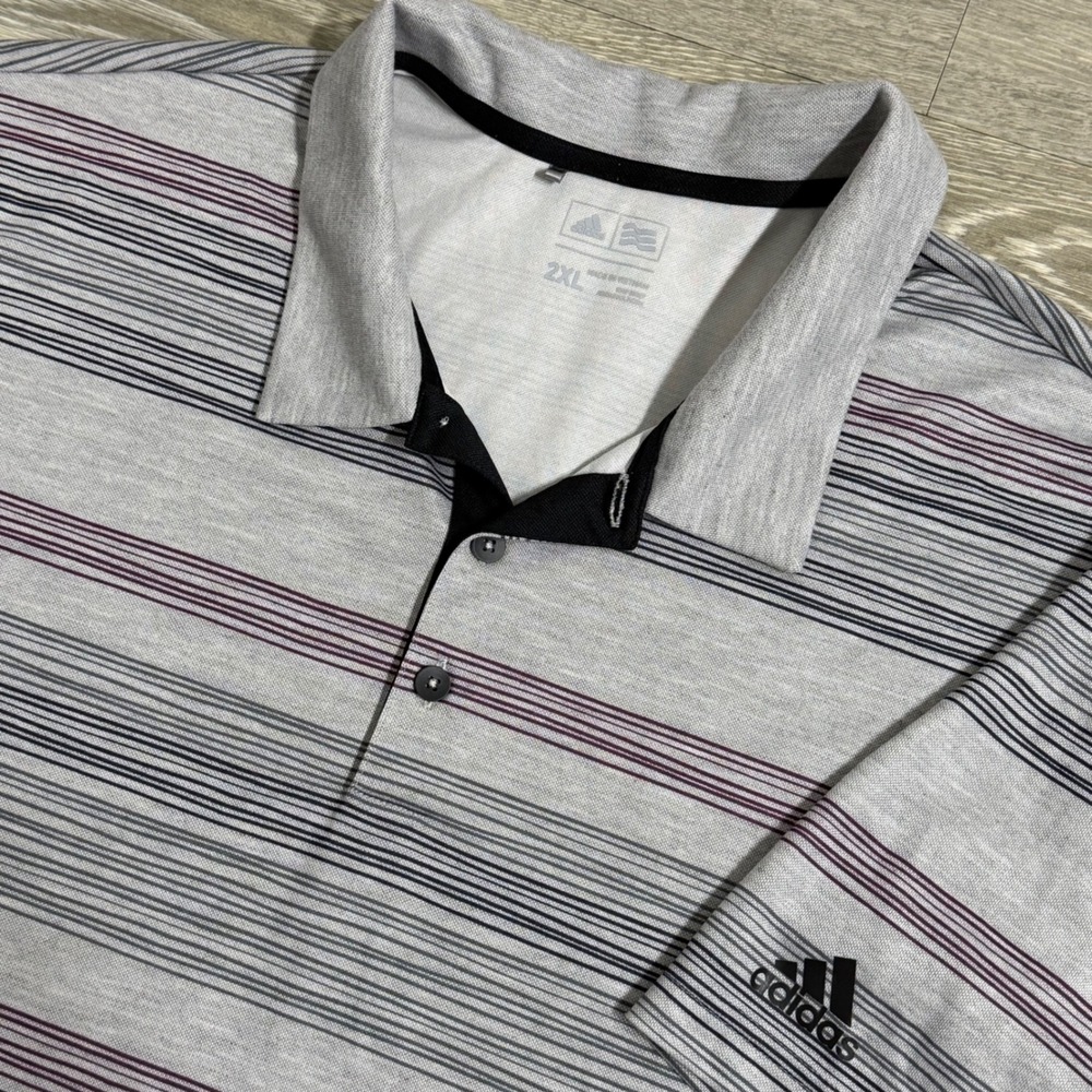 Adidas Striped Golf Polo Shirt Men's‎ 2XL Gray Performance Athletic